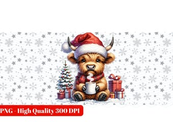 Cute Highland Cow Christmas Glass Can PNG, Highland Cow Sublimation Design, UV Dtf Cup Wrap, 16oz Libbey Trendy Design Heifer Cow DTF
