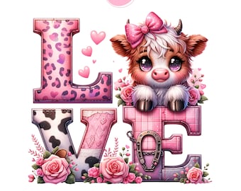 Mucca delle Highlands per San Valentino in formato PNG, Sacchetto regalo per San Valentino in formato PNG, Clipart d'amore, Mucca delle Highlands ad acquerello, Mucca delle Highlands carina, Impronta di mucca leopardata