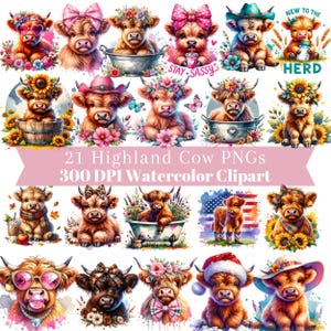 May include: A collection of 21 watercolor clipart images featuring Highland cows. The cows are adorned with accessories like bows, hats, and flowers. The text on the image reads "21 Highland Cow PNGs 300 DPI Watercolor Clipart."