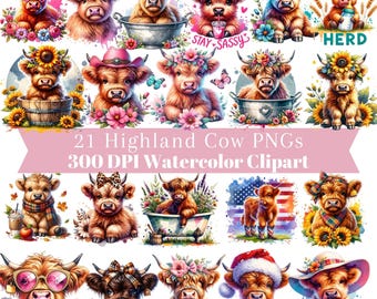 21 Highland Cow Flowers Clipart Bundle, Highland Cow Clipart PNG, Scottish Cow, Happy Highland Cow clipart, highland Cow Funny Baby Cow PNGs
