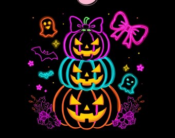 Preppy Neon Halloween Pumpkin Ghost PNG, Coquette Halloween Bow png, Fall Bat Ghost PNG, Girly Spooky Pumpkin Sublimation, Cute Halloween