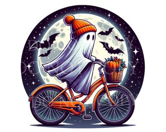 Cute ghost on bike png, boho halloween png, spooky bicycle png, trendy halloween sublimation, autumn png, halloween shirt, spooky season png
