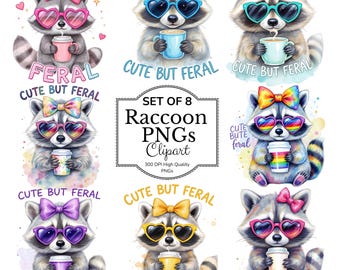 Cute But Feral PNG Bundle, Funny Raccoon Bundle, Raccoon with Bow Design, Sublimation Design, Trendy Animal Design PNG, Dtf Transfer Design