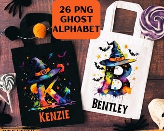 Halloween alfabetet PNG-paket, Halloween bus-or-godis-väska PNG, häxa Halloween clipart digital nedladdning, barn Halloween-t-shirt