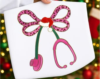 Pink Christmas Nurse Png, Nurse Stethoscope Christmas png, Nurse png, Christmas png, Preppy Nurse Life png, Leopard Santa Png