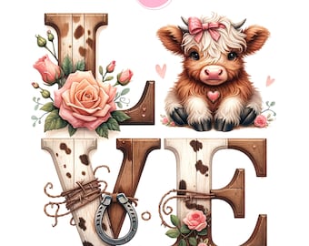 Valentines Day Highland Cow Png, Valentines Day Goodie Bag PNG, Love Clipart, Watercolor Highland Cow, Cute Highland cow, Leopard Cowprint