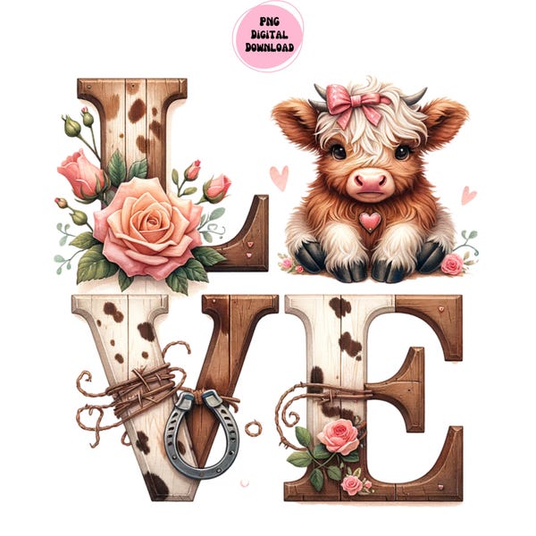 Valentines Day Highland Cow Png, Valentines Day Goodie Bag PNG, Love Clipart, Watercolor Highland Cow, Cute Highland cow, Leopard Cowprint