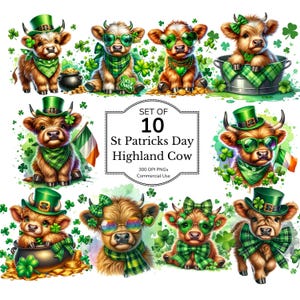 May include: A digital illustration featuring ten Highland cows, each adorned with St. Patrick's Day themed accessories. The cows wear green hats, glasses, and scarves, surrounded by shamrocks. The image includes text that reads "Set of 10 St Patricks Day Highland Cow."