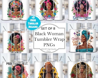 Black Woman Christian Tumbler Wrap PNG Bundle 20 oz Skinny Straight Black Girl Design Floral Faith Afro Woman Png Religious Black Girl Magic