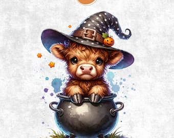 Cute Highland Cow Halloween Png, Halloween png, Witch Spooky Season, Cute Cow Clipart, Halloween Sticker, Kids Halloween Clipart