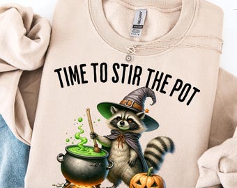 Halloween PNG, Time To Stir The Pot Png, Funny Raccoon Witch, Retro Halloween, Spooky Season, Funny Halloween Witch, Vintage design