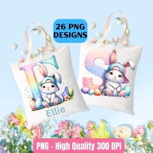 Letras del alfabeto de conejito de Pascua PNG, descarga digital de imágenes prediseñadas de conejito de Pascua, paquete de canastas de Pascua PNG, feliz Pascua PNG, uso comercial