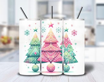 Christmas Tree Png, Christmas Tumbler Wrap, Holiday Xmas 20 oz skinny tumbler, Skinny Tumbler Sublimation Design, Pink Christmas Tree PNG