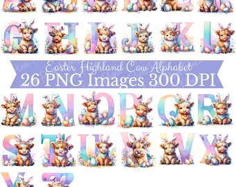 Ostern Highland Kuh Alphabet Buchstaben PNG Bundle, Ostern Highland Kuh Clipart Digitaler Download, Osterkorb Bundle PNG, Frohe Ostern PNG