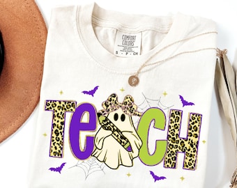 Griezelige leraar Halloween png, leraar Halloween-shirtontwerp png, roze luipaard spookleraar png, Trick or Teach png, leraar potloodstrik