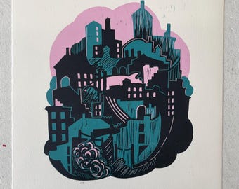 Teal and Pink Cityscape - 11x14 Print - Woodblock
