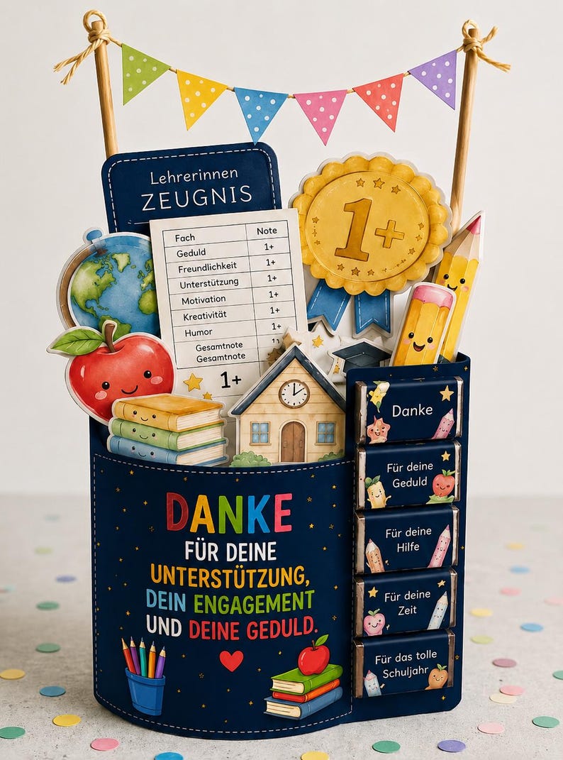 May include: A dark blue gift container featuring the text "DANKE F&Uuml;R DEINE UNTERST&Uuml;TZUNG, DEIN ENGAGEMENT UND DEINE GEDULD." It is decorated with school-themed cutouts including a report card, a gold medal, a globe, books, and a schoolhouse.