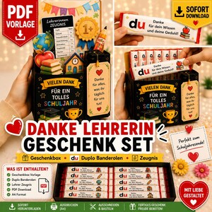 May include: A printable teacher appreciation gift set featuring a black box with school-themed graphics, including a globe, books, and a trophy. The set includes paper wrappers for chocolate bars with German text, a report card template, and a gift box design.