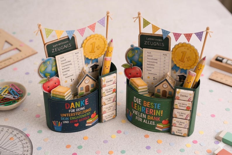 May include: Two decorative desk organisers featuring school-themed cutouts including a globe, apple, pencil, and a report card labelled Lehrerinnen ZEUGNIS. The containers are adorned with colourful bunting and German text expressing gratitude.