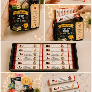May include: A black gift box containing chocolate bars with white wrappers printed with the text 'du Danke für dein Wissen und deine Geduld' and school-themed icons. The box features a decorative card with a report card, globe, and trophy.