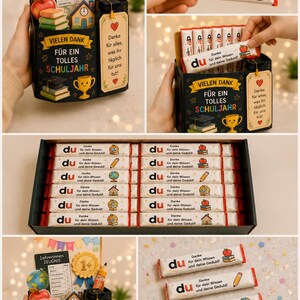May include: A black gift box containing chocolate bars with white wrappers printed with the text 'du Danke f&uuml;r dein Wissen und deine Geduld' and school-themed icons. The box features a decorative card with a report card, globe, and trophy.