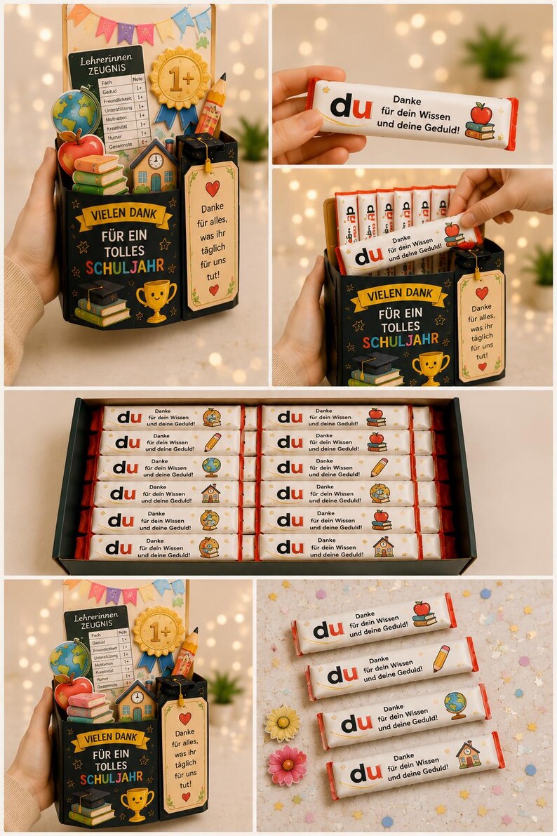 May include: A black gift box containing chocolate bars with white wrappers printed with the text 'du Danke f&uuml;r dein Wissen und deine Geduld' and school-themed icons. The box features a decorative card with a report card, globe, and trophy.