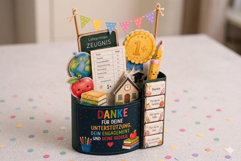 May include: A dark green desk organiser featuring school-themed decorations including a globe, an apple, a report card, a gold medal, and pencils. The front displays the text "DANKE F&Uuml;R DEINE UNTERST&Uuml;TZUNG, DEIN ENGAGEMENT UND DEINE GEDULD" with colourful bunting.