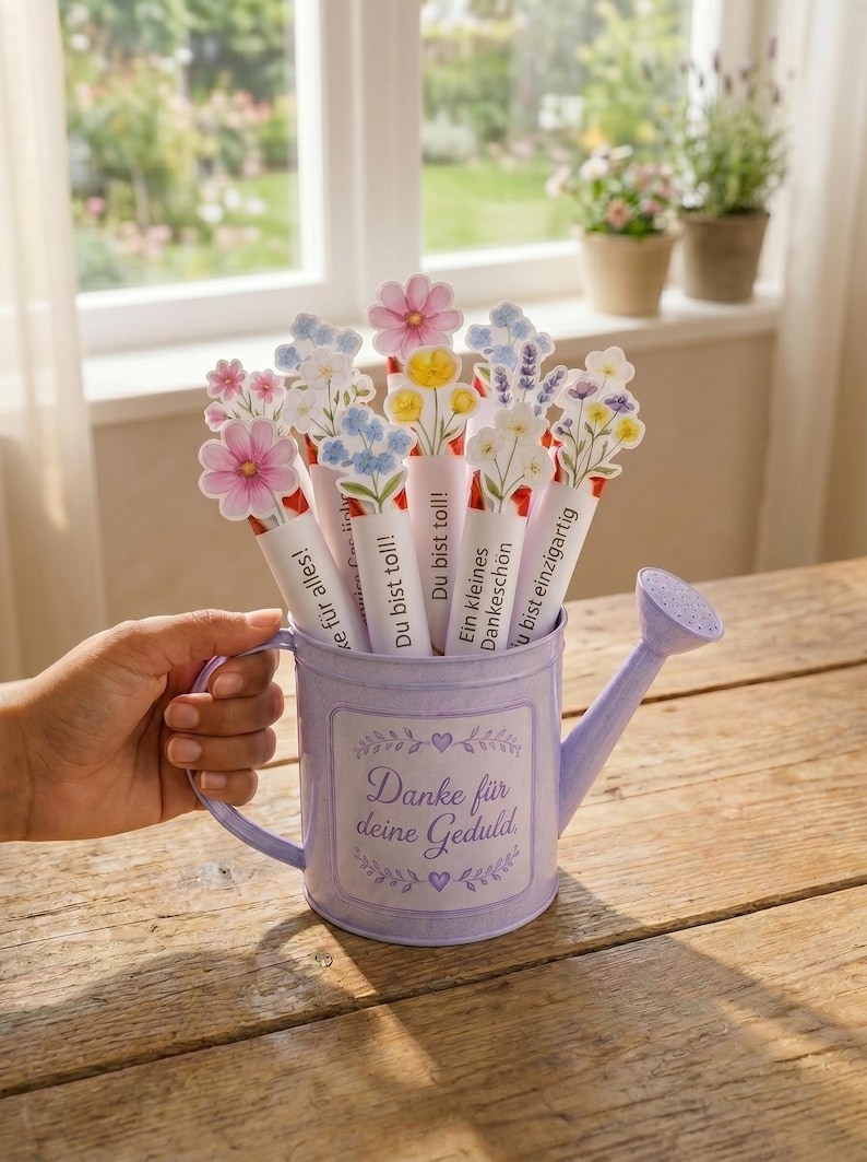 Puede incluir: Una regadera de metal de color morado claro con el texto Danke f&uuml;r deine Geduld y corazones decorativos. Dentro hay varios tubos de papel rematados con coloridas ilustraciones florales y frases en alem&aacute;n como Du bist toll y Ein kleines Dankesch&ouml;n.