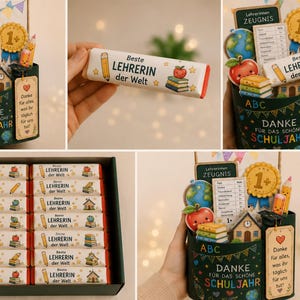 May include: A gift set for teachers featuring a dark green cylindrical container decorated with school-themed illustrations and the text Danke f&uuml;r das sch&ouml;ne Schuljahr. It includes multiple chocolate bars wrapped in white paper with the text Beste Lehrerin der Welt, a pencil, a stack of books, a globe, and a gold award badge.