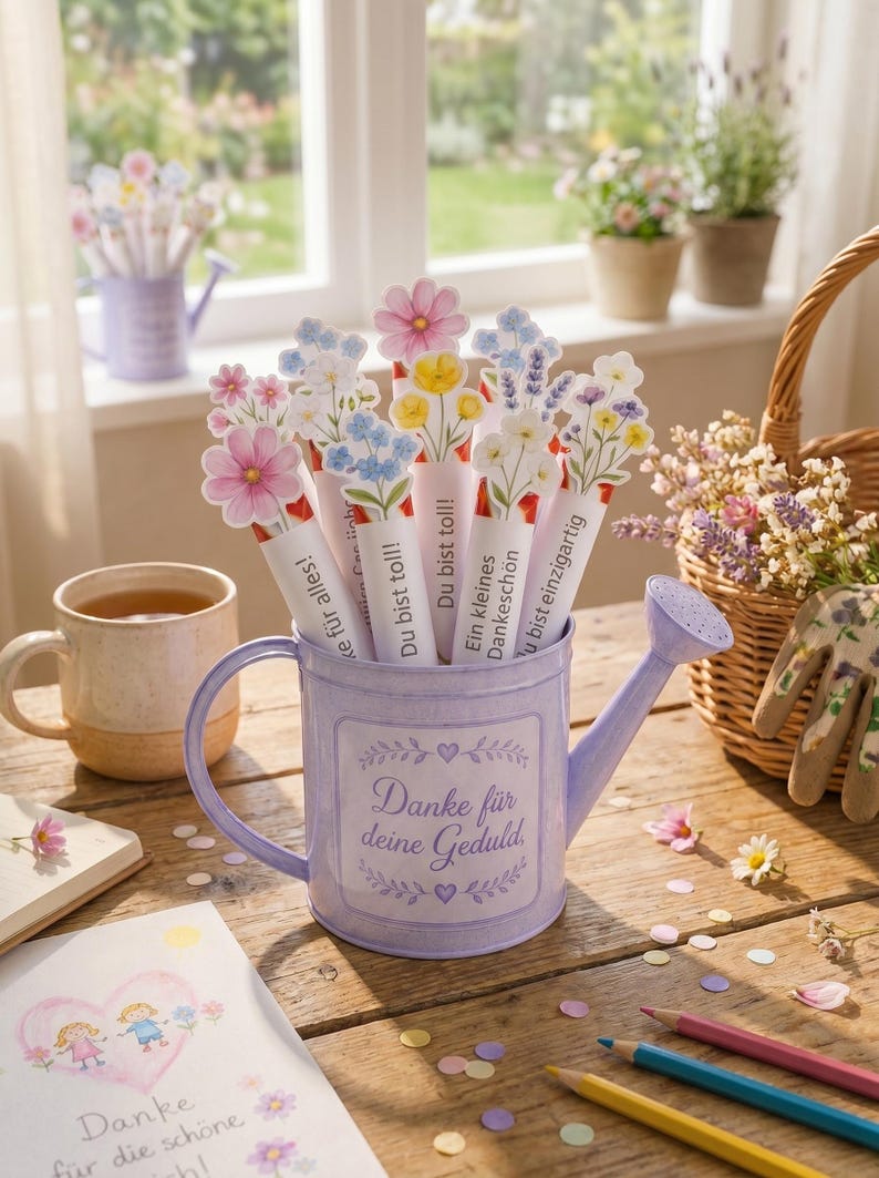 Puede incluir: Una regadera de metal de color morado claro con el texto Danke f&uuml;r deine Geduld, llena de varios recortes de flores de papel. Cada recorte muestra una ilustraci&oacute;n floral y frases en alem&aacute;n como Du bist toll y Ein kleines Dankesch&ouml;n.