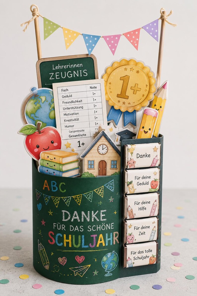 May include: A dark green cylindrical container decorated with school-themed chalk drawings and the text Danke f&uuml;r das sch&ouml;ne Schuljahr. It holds cutouts of a report card, a gold medal, a globe, an apple, books, and a schoolhouse with bunting.