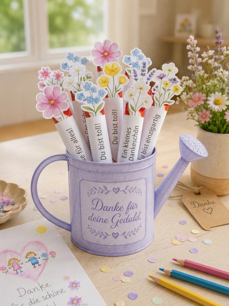 Puede incluir: Una regadera de metal de color morado claro llena de tubos rematados con flores de papel. Cada tubo presenta texto impreso en alem&aacute;n, incluyendo 'Danke f&uuml;r alles!', 'Du bist toll!', 'Ein kleines Dankesch&ouml;n' y 'Du bist einzigartig'. La regadera tiene la inscripci&oacute;n 'Danke f&uuml;r deine Geduld'.