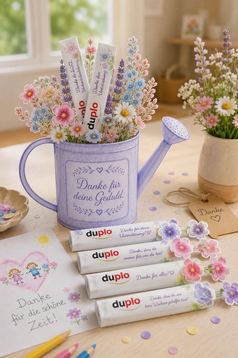 Puede incluir: Una regadera de metal de color morado claro llena de flores de papel y barritas de chocolate Duplo, con el texto 'Danke f&uuml;r deine Geduld'. Cuatro barritas Duplo adicionales con detalles florales y mensajes de agradecimiento en alem&aacute;n se encuentran delante, junto a una tarjeta con un dibujo de un coraz&oacute;n.