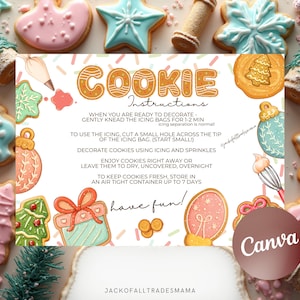 May include: A festive image featuring decorated Christmas cookies with icing and sprinkles. The cookies are in various shapes, including stars, trees, and ornaments. Text on the image reads "Cookie Instructions" and "Have fun!"