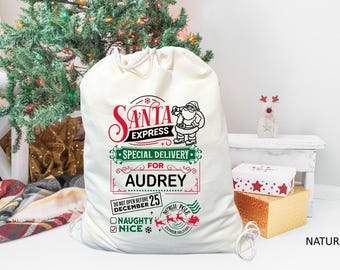 May include: A large, off-white Santa sack with a drawstring closure. The sack features a festive design with the words "Santa Express" and "Special Delivery for Audrey." A Christmas tree and gifts are in the background.