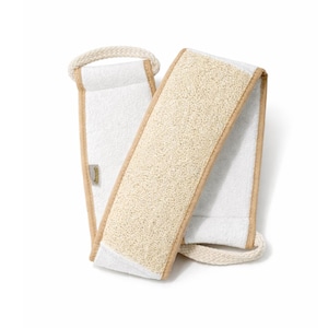May include: A white and beige loofah back scrubber with a woven handle. The loofah has a textured, natural beige surface, framed by a beige border and white backing. The scrubber is designed for use in the shower or bath.
