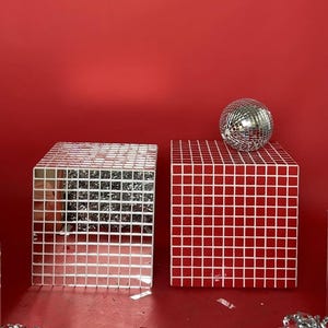Mosaic Tile Accent Table, Red Tile Cube Plant Stand, Modern Minimalist Nightstand, Art Decor Pedestal, Mosaic Accent Office Furniture