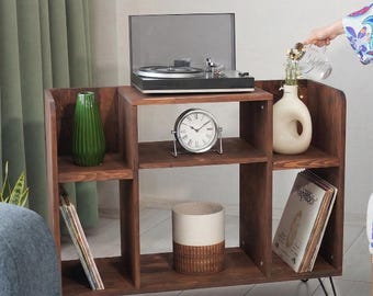 Półka na książki z litego drewna – ręcznie robiona sosnowa półka na płyty, ekologiczne wykończenie, styl Mid-Century Modern