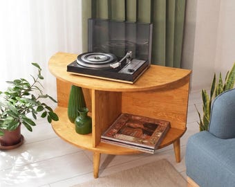 Record Player Stand with Vinyl Storage, Solid Pine Turntable Side Table, Mid Century Modern LP Cabinet Hairpin Legs, Custom Size, Music Room
