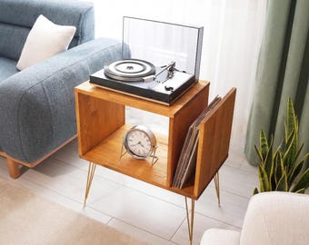 Record Player Stand with Vinyl Storage | Solid Pine Turntable Cabinet | Mid Century Modern | Hairpin Legs | Custom Size