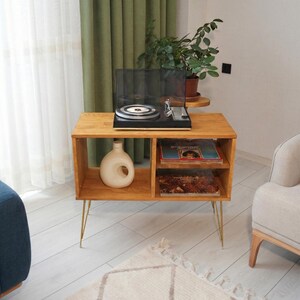 Mid Century Wooden Record Player Stand, Turntable Stand with Vinyl Record Holder, Retro Record Cabinet, LP Storage Console, Vinyl End Table
