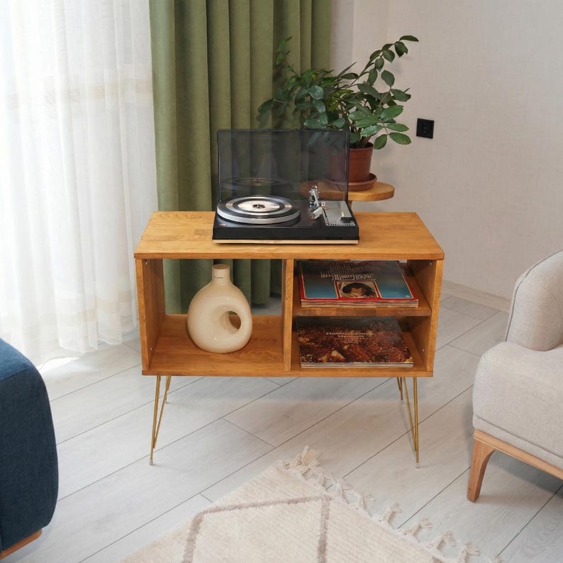 Mid Century Wooden Record Player Stand, Turntable Stand with Vinyl Record Holder, Retro Record Cabinet, LP Storage Console, Vinyl End Table