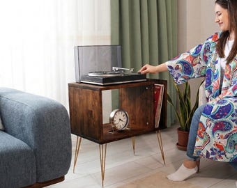 Record Player Stand with Vinyl Storage, Open Cube Turntable Side Table, Gold Hairpin Legs, Holds 60 Records