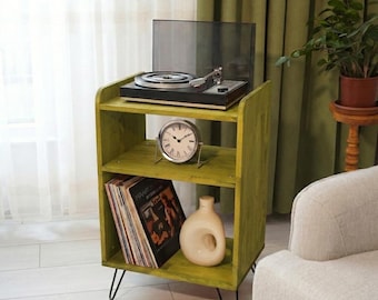 Record Player Stand with Vinyl Storage, Mid Century Modern Turntable Console, Holds 60 Records