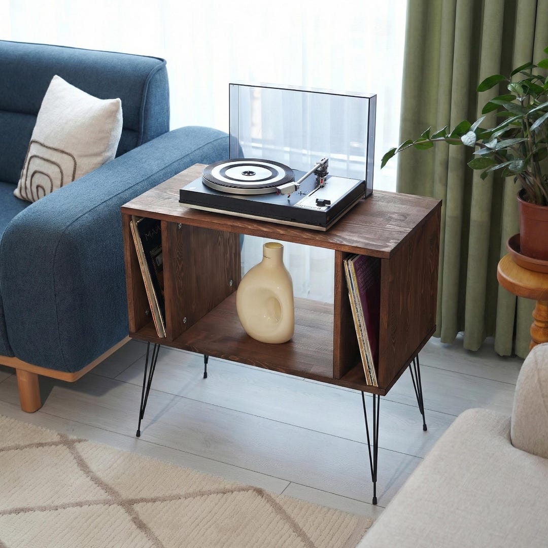 Solid Oak Record Player Stand With Vinyl Storage - Mid-century Modern ...