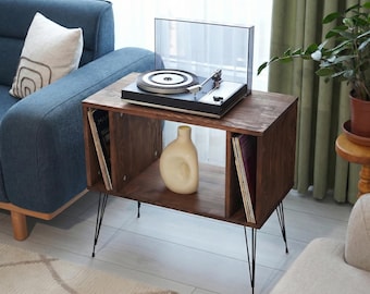 Record Player Stand with Vinyl Storage, Minimalist Mid Century Turntable Stand, Solid Wood Record Table, Holds 70 Records