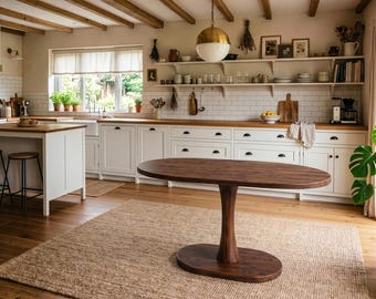 Ovale eettafel op voetstuk, massief houten keukentafel voor 4 personen, moderne Scandinavische eettafel, handgemaakte tulpentafel uit het midden van de eeuw