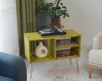Solid Pine Record Player Stand | Mid Century Modern Vinyl Storage Cabinet