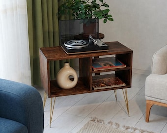 Record Player Stand with Vinyl Storage | Solid Wood Turntable Console | Gold Hairpin Legs | Mid Century Modern | Holds 80 Records