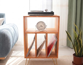 Record Player Stand with Vinyl Storage, Tall 3 Tier Mid Century Shelf, Holds 60 Records
